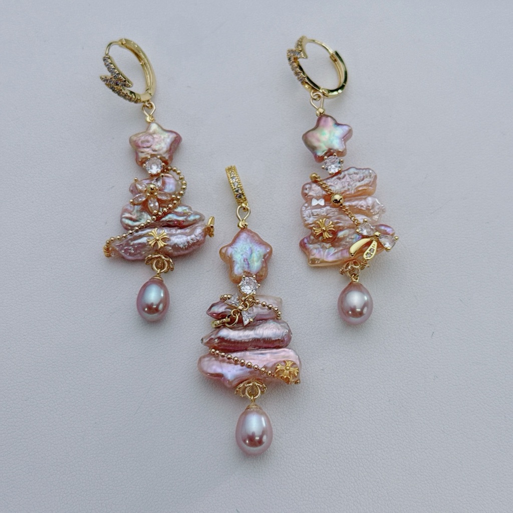 25xm6 Xmas Handmade Freshwater Baroque Pearl Christmas Tree Pendant Earrings Set